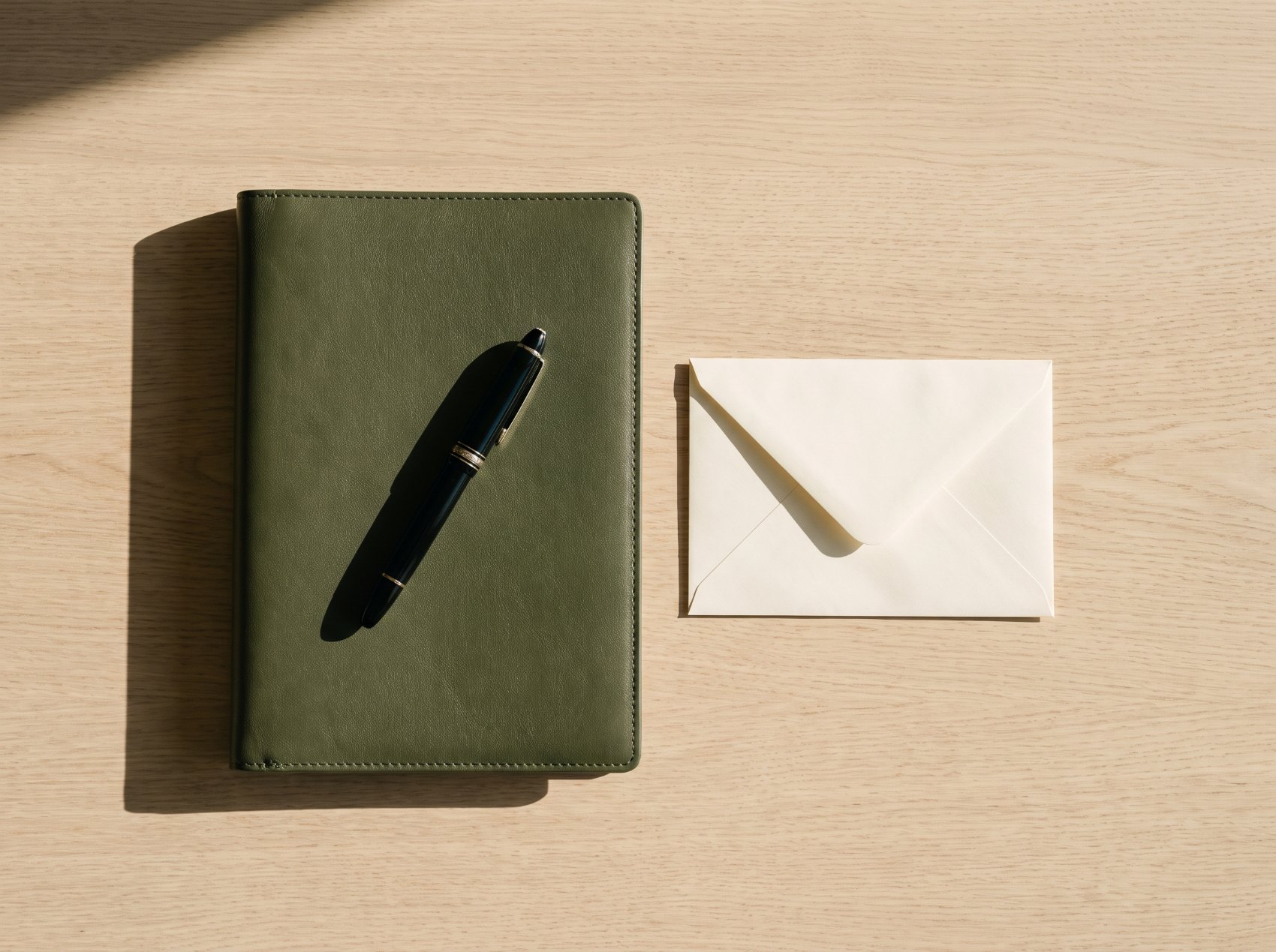 Groene leren map met vulpen en envelop op een eiken bureau