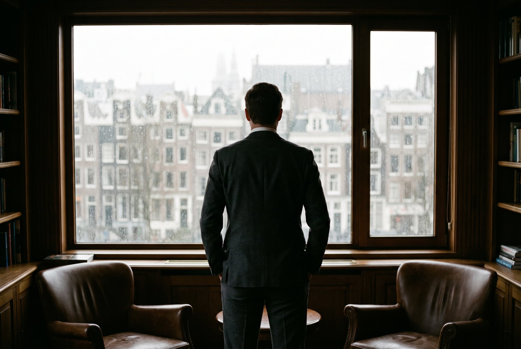 Ondernemer bij het raam met uitzicht over de stad